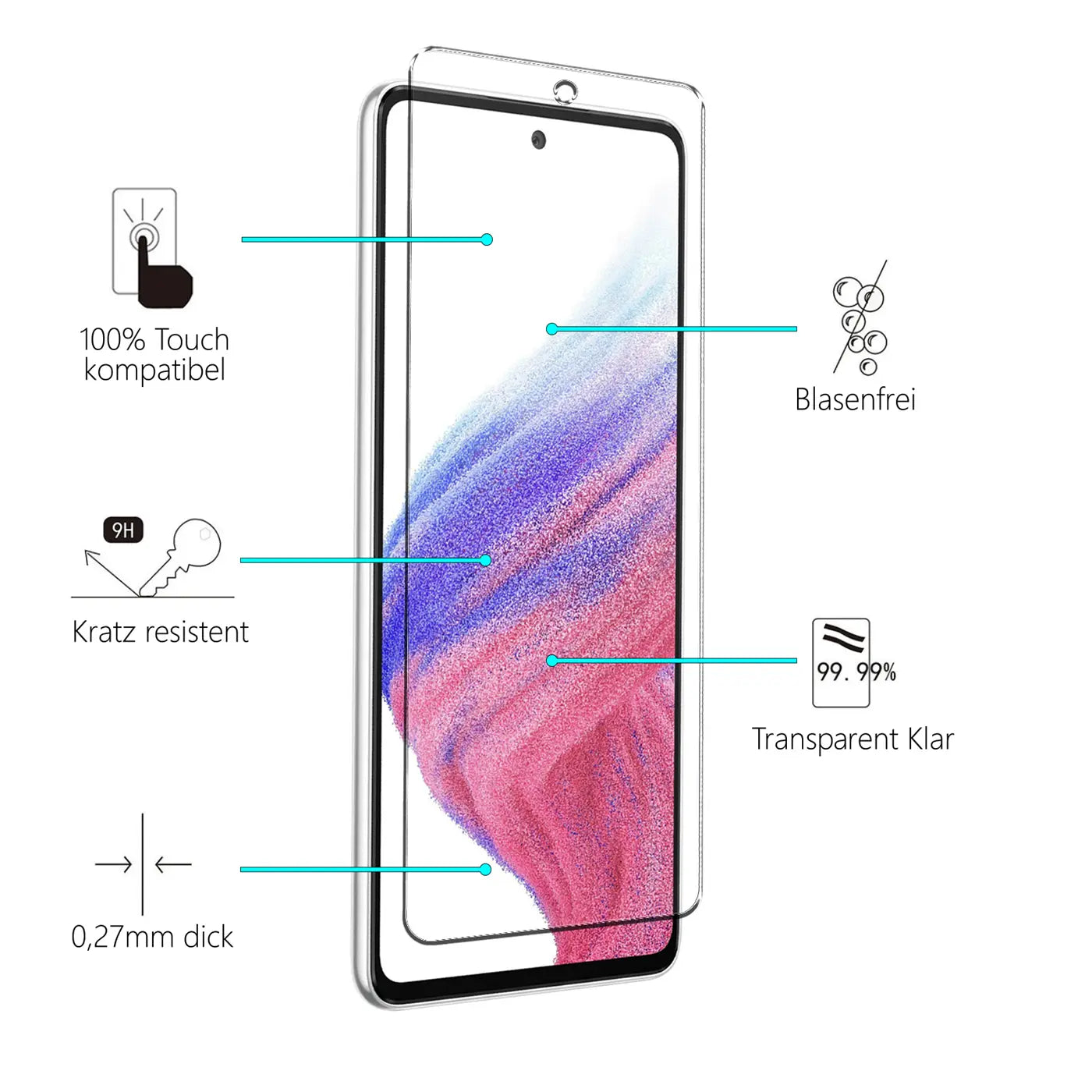 Transparentes Schutzglas für Samsung Galaxy A53 5G, schräg von vorne, mit Eigenschaften wie kratzresistent.