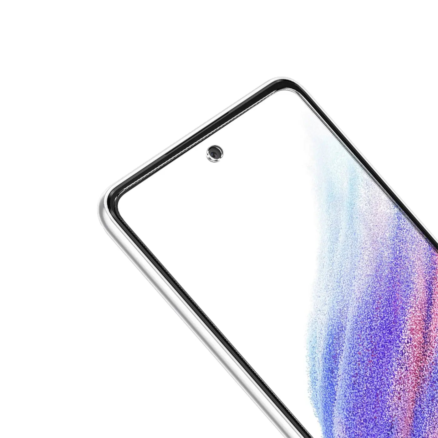 Nahaufnahme eines Samsung Galaxy A53 5G mit transparentem Schutzglas, das die Frontkamera freilässt.
