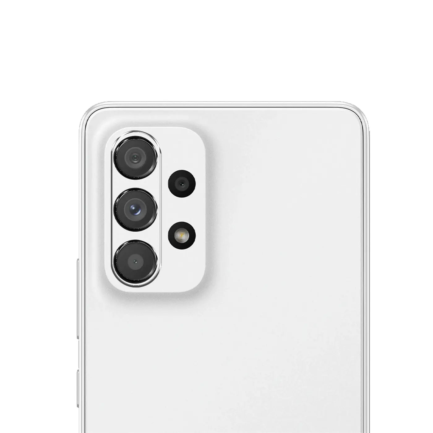 Rückseite eines weißen Samsung Galaxy A53 5G, schräg von hinten oben. Der Kamerabuckel mit 3 Linsen ist zu sehen.