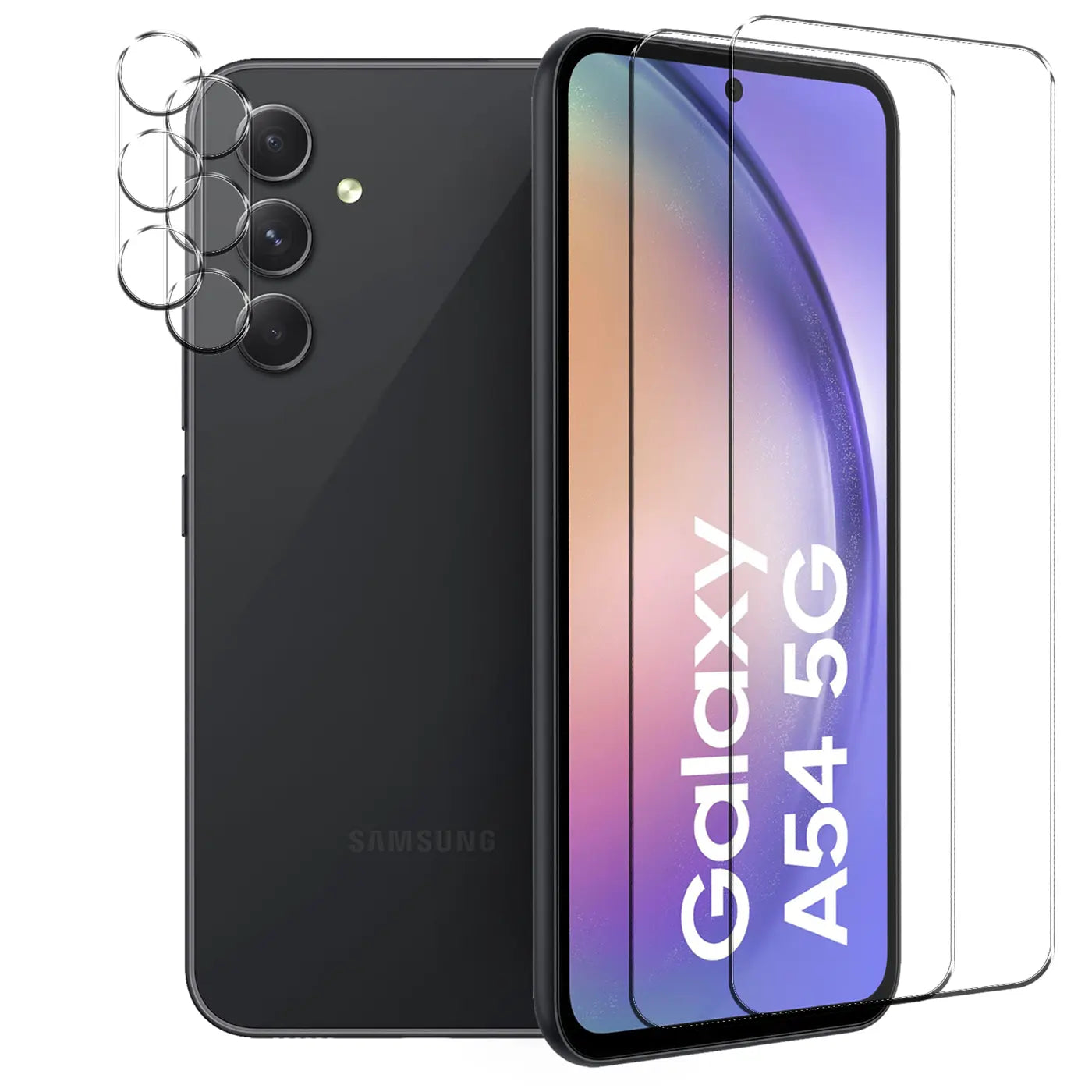 Schwarzes Samsung Galaxy A54 5G von hinten und vorne mit 2 klaren Schutzgläsern und 3 Kameralinsen-Schutzgläsern.