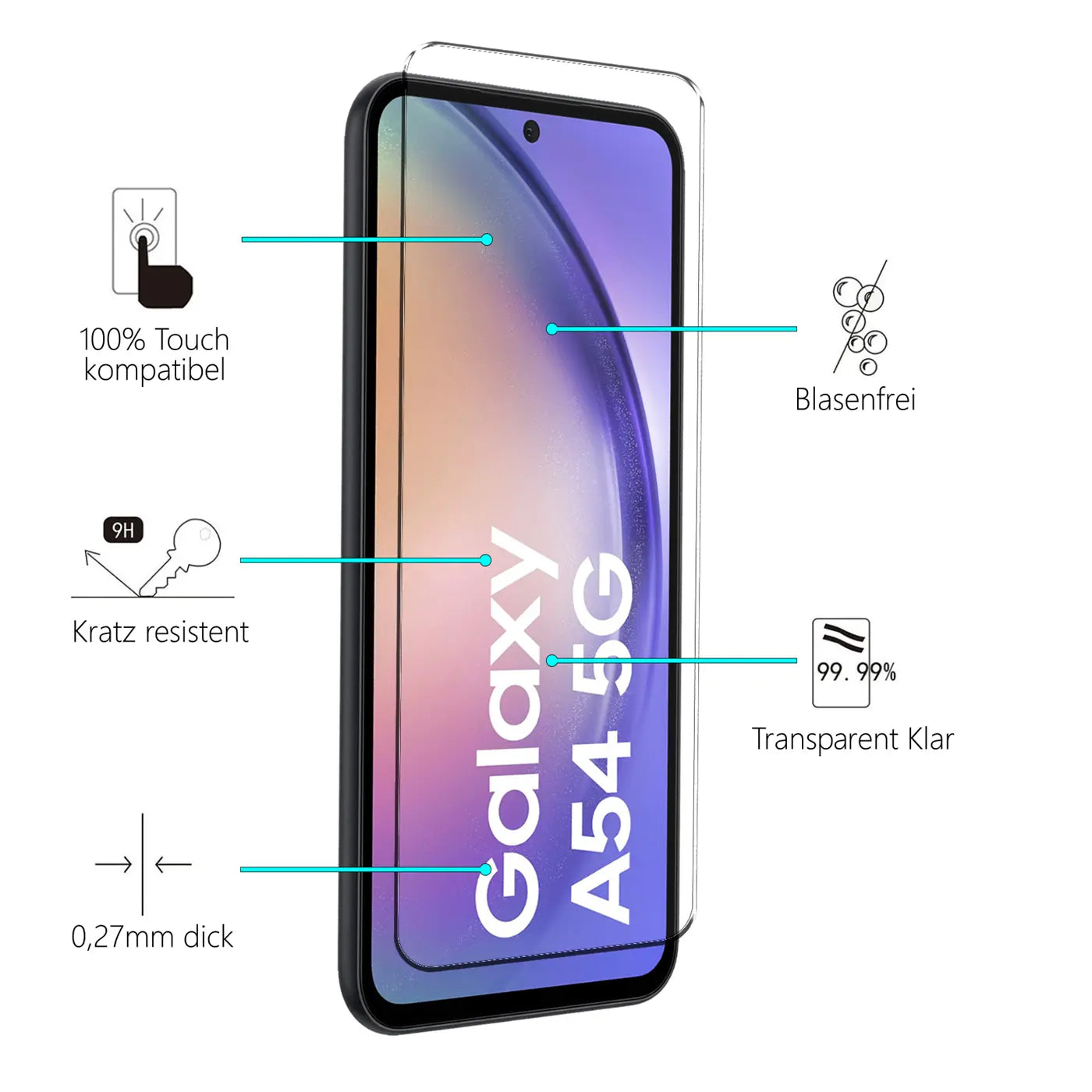 Schutzglas auf Samsung Galaxy A54 5G Smartphone, schräg von vorne, mit Eigenschaften wie "Kratz resistent" und "Blasenfrei".