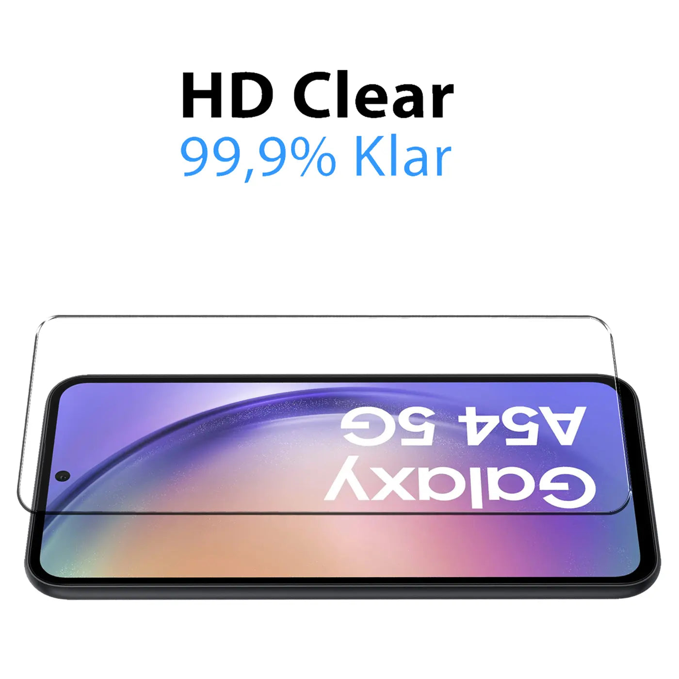Transparentes Schutzglas für Samsung Galaxy A54 5G, von oben links auf schwarzem Smartphone-Display.