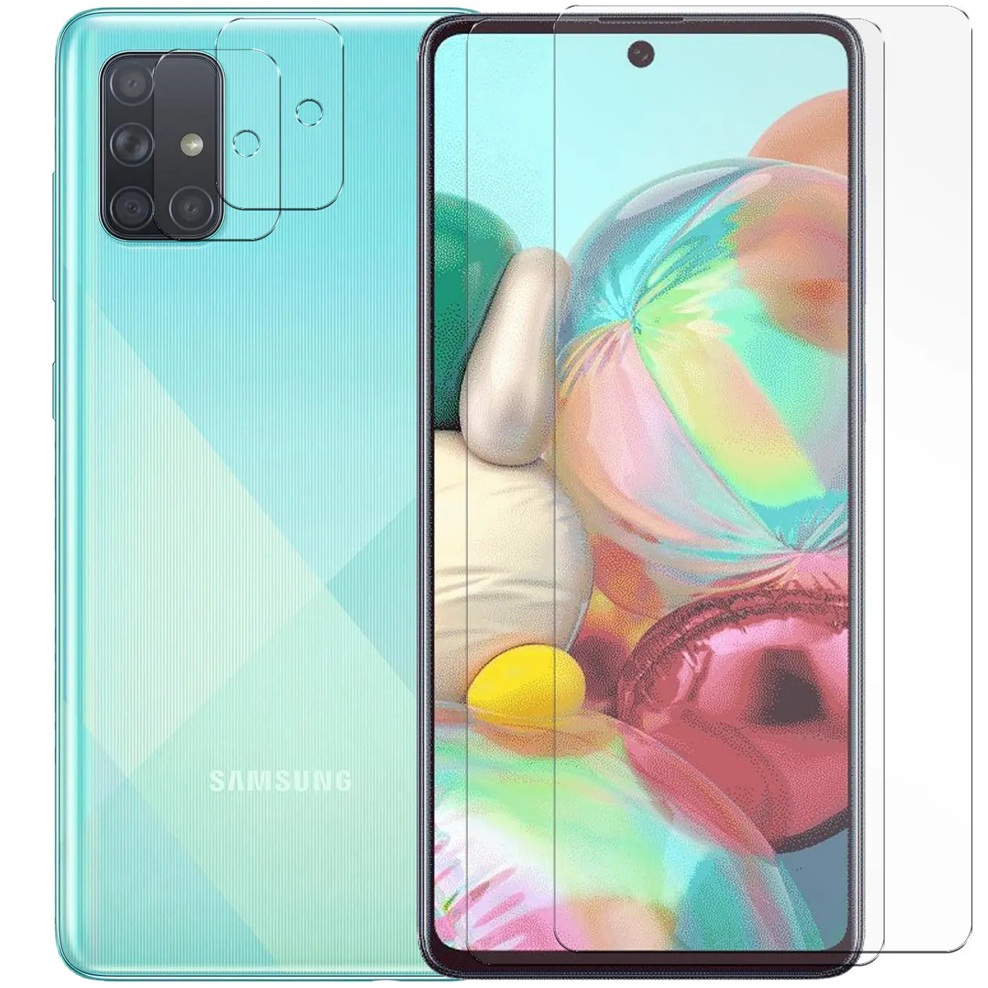 Türkises Samsung Galaxy A71 mit 2 transparenten Schutzgläsern für Display und 2 für Kamera, schräg von vorne.