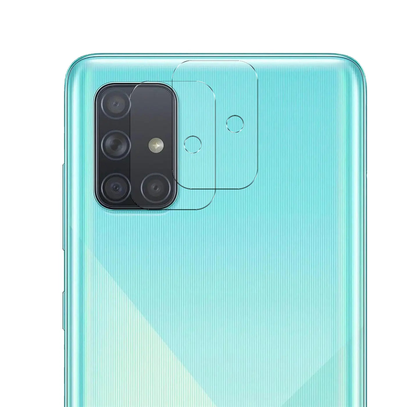 Rückseite eines mintgrünen Samsung Galaxy A71 von oben, mit zwei transparenten Schutzgläsern für die Kamera.