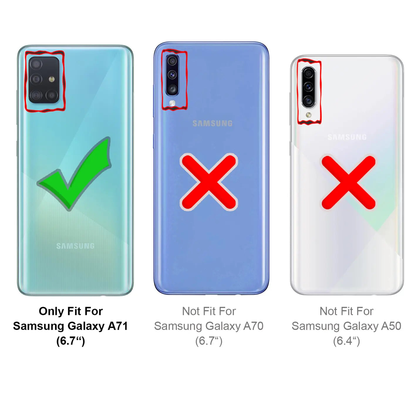 Rückansicht von 3 Samsung Galaxy Smartphones: A71 (türkis, Haken), A70 (blau, X), A50 (weiß, X). Kameraaussparungen rot.