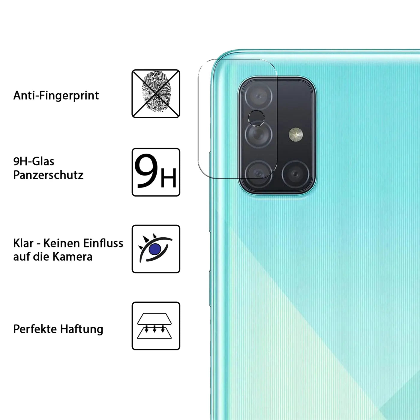 Klares Schutzglas für die Kamera des türkisfarbenen Samsung Galaxy A71, von hinten rechts oben gesehen.