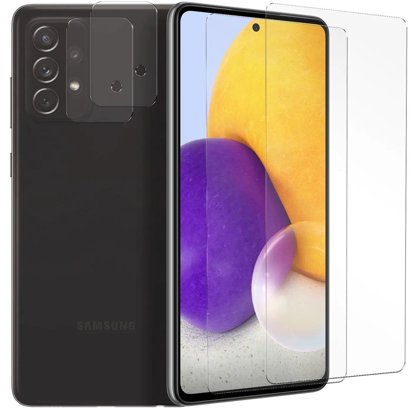 Schwarzes Samsung Galaxy A72 Smartphone mit 2 transparenten Schutzgläsern für Display und 2 für Kamera, schräg von hinten.