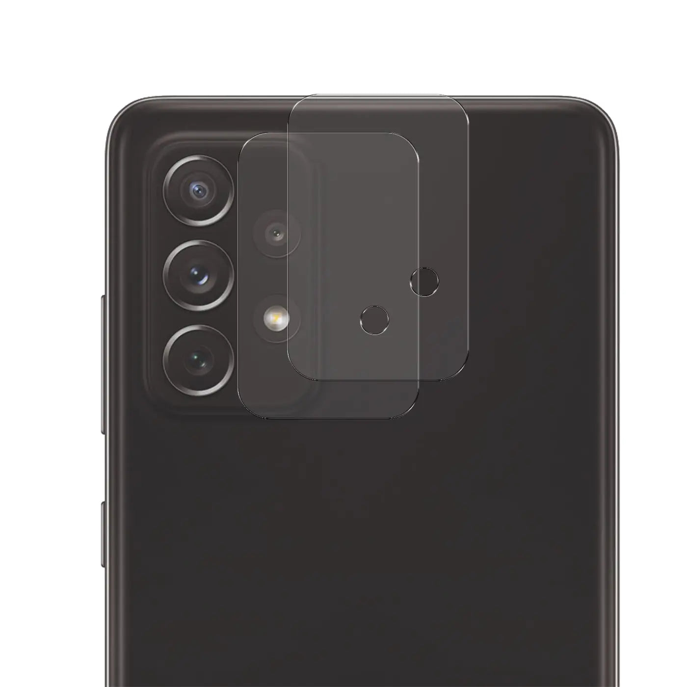 Rückseite eines schwarzen Samsung Galaxy A72 mit zwei transparenten Schutzgläsern auf der Kamera, schräg von oben.