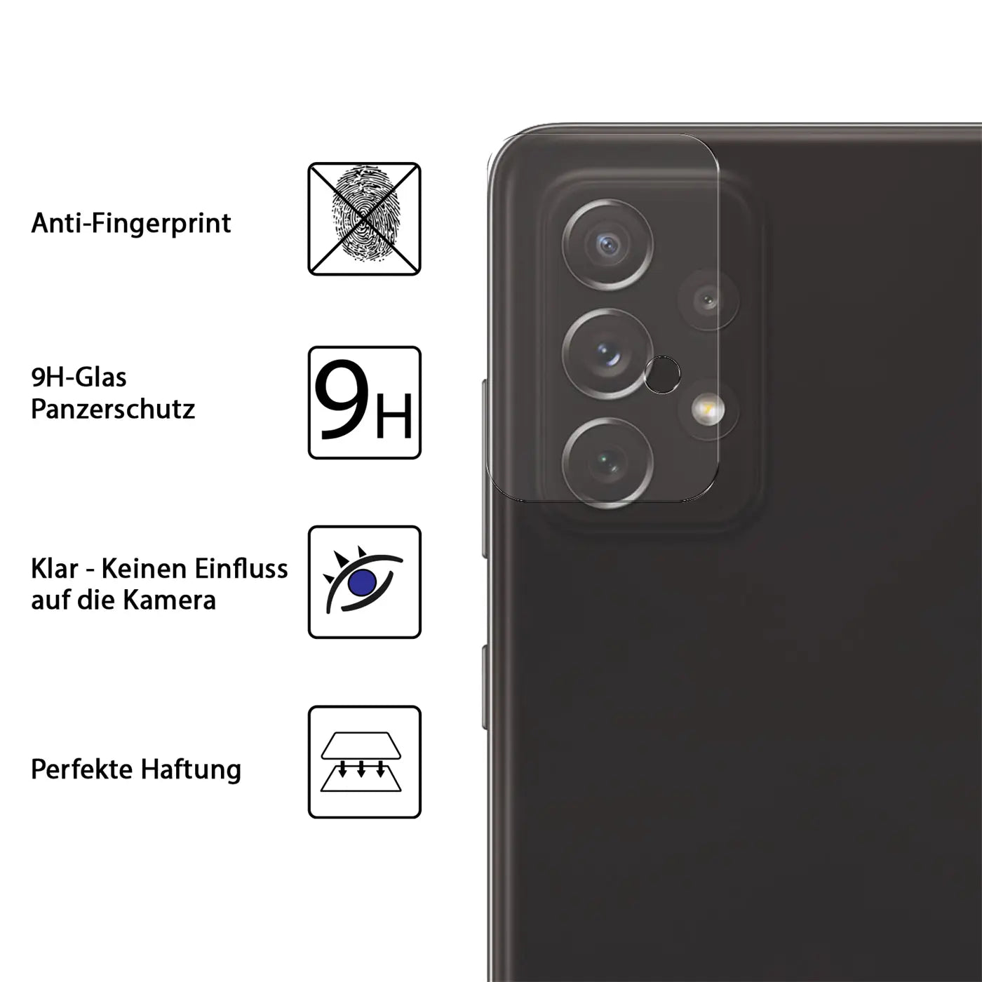 Nahaufnahme der Rückseite eines schwarzen Samsung Galaxy A72 mit transparentem Schutzglas auf der Kamera.