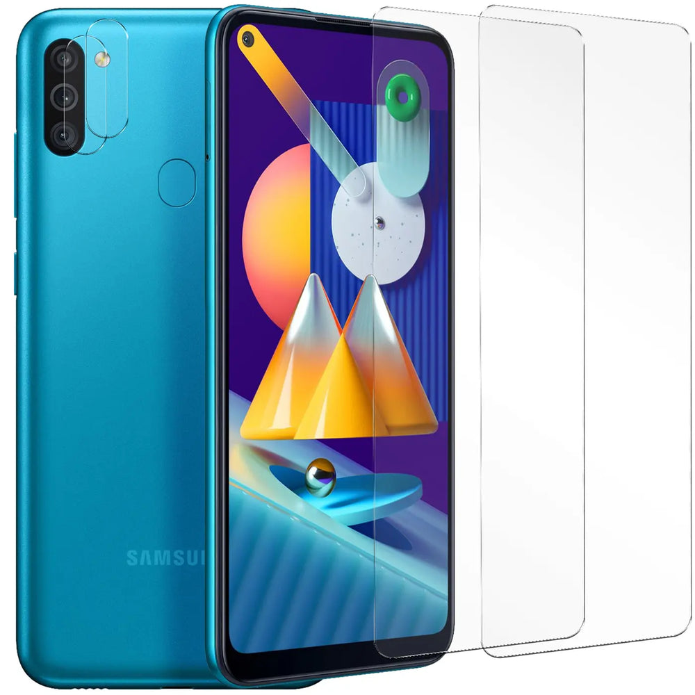 Türkises Samsung Galaxy M11 mit 2 transparenten Displayschutzfolien und 2 Kameraschutzfolien aus Glas, schräg von vorne.