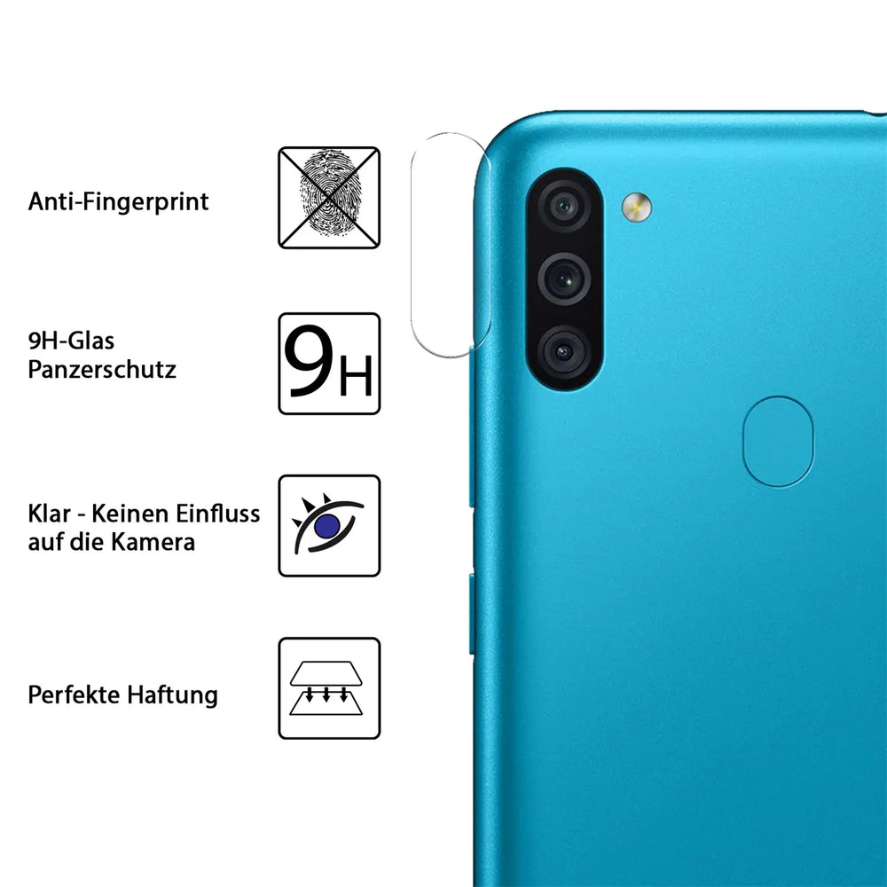 Rückseite eines blauen Samsung Galaxy M11 mit Kamera-Schutzglas und 4 Icons für Anti-Fingerprint, 9H-Glas, klare Sicht.