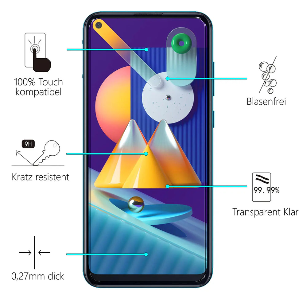 Schwarzes Samsung Galaxy M11 von vorne mit Schutzglas. Blaue Linien zeigen auf Text zu Eigenschaften wie "Kratz resistent".