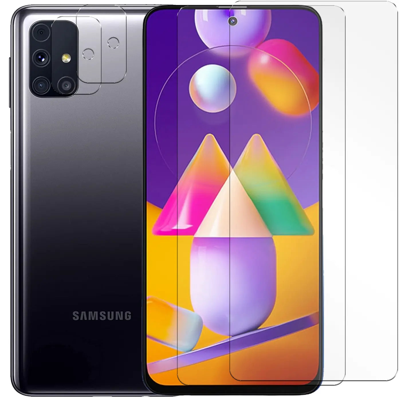 Schutzglas-Set für Samsung Galaxy M31s: 2x Displayschutz und 2x Kameraschutz (transparent) auf schwarzem Handy.