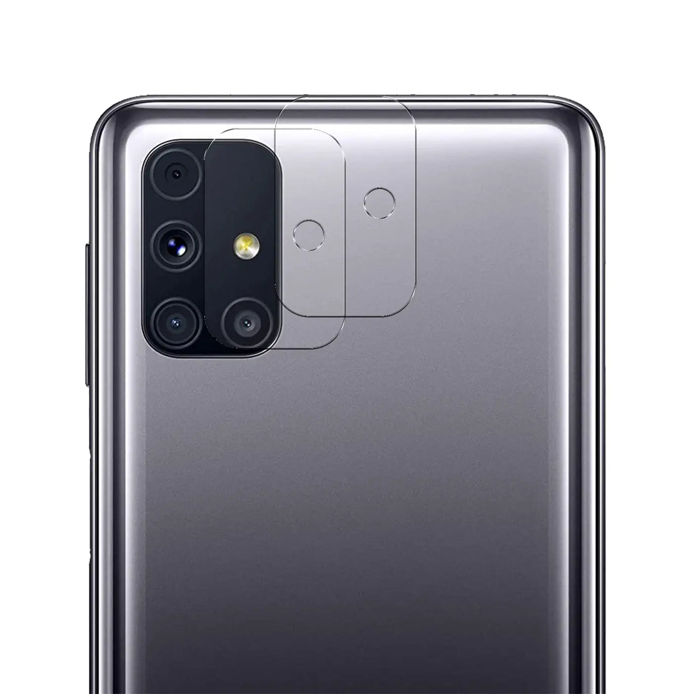 Rückseite eines grauen Samsung Galaxy M31s mit transparentem Schutzglas für Kamera und zwei Fingerabdrucksensoren.