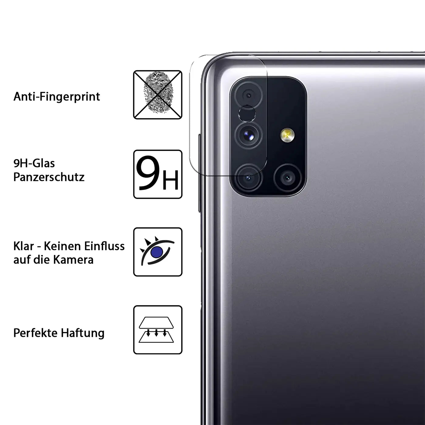Rückseite eines grauen Samsung Galaxy M31s mit transparentem Schutzglas auf der Kamera, von oben rechts.