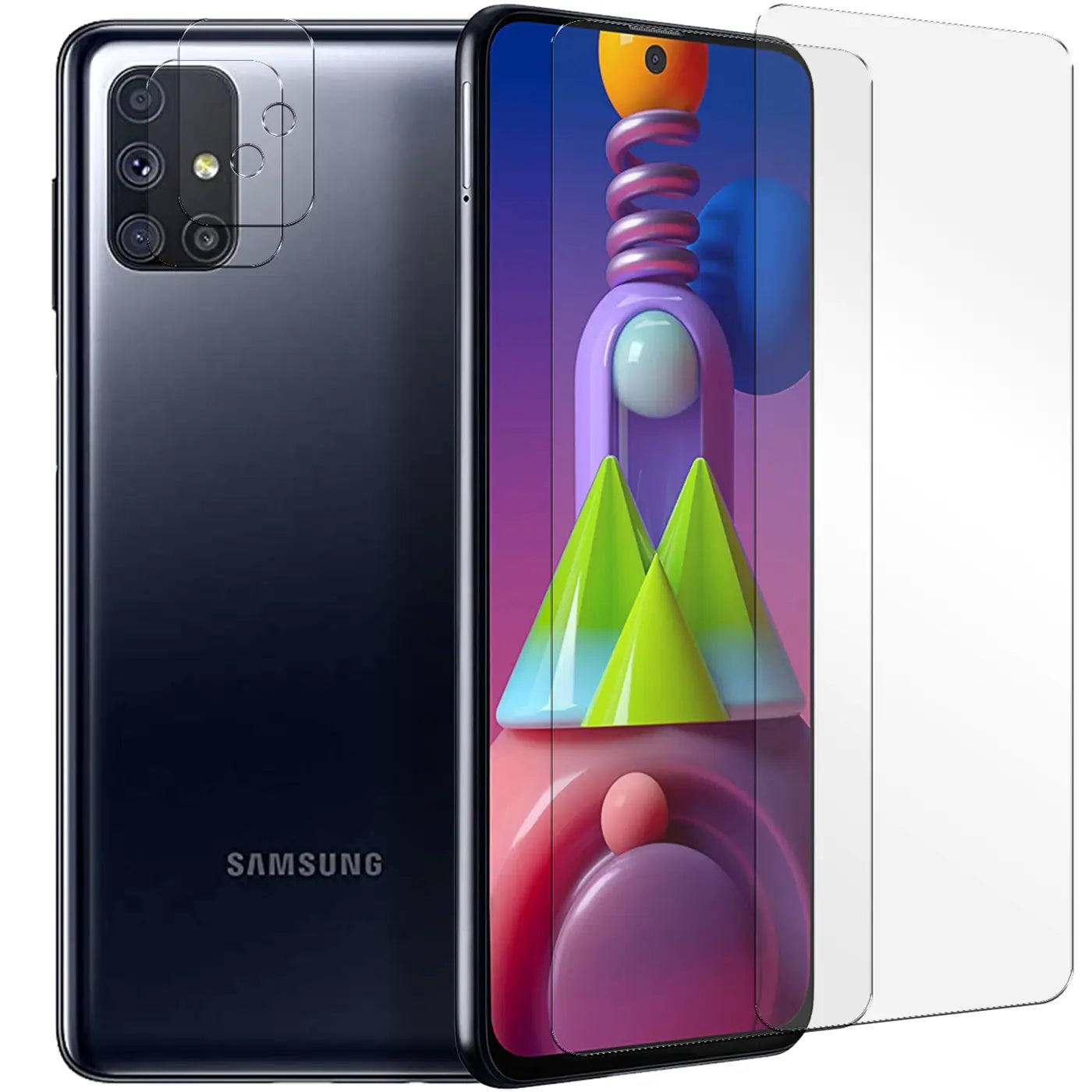 Schwarzes Samsung Galaxy M51 von hinten und schräg von vorne mit transparentem Schutzglas für Display und Kamera.