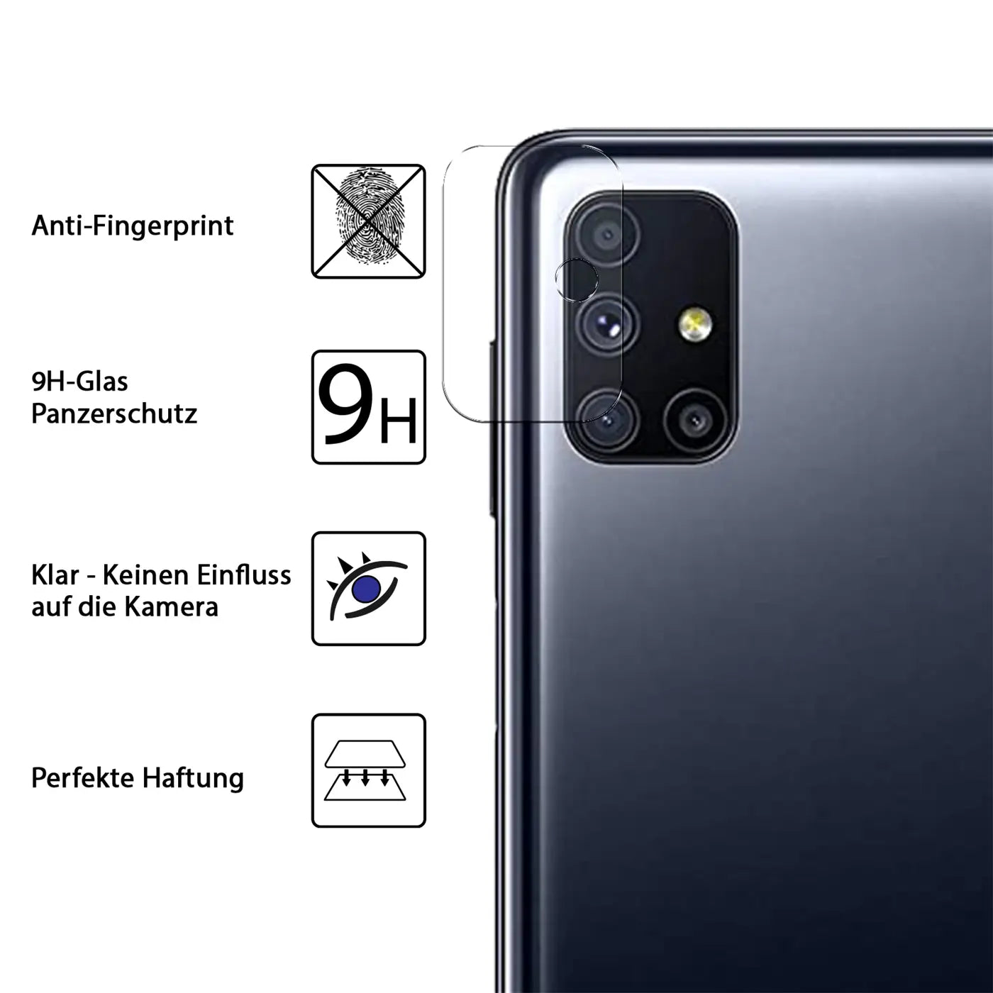 Rückseite eines schwarzen Samsung Galaxy M51 mit angebrachtem, transparentem Kameraschutzglas. Daneben Symbole und Text.