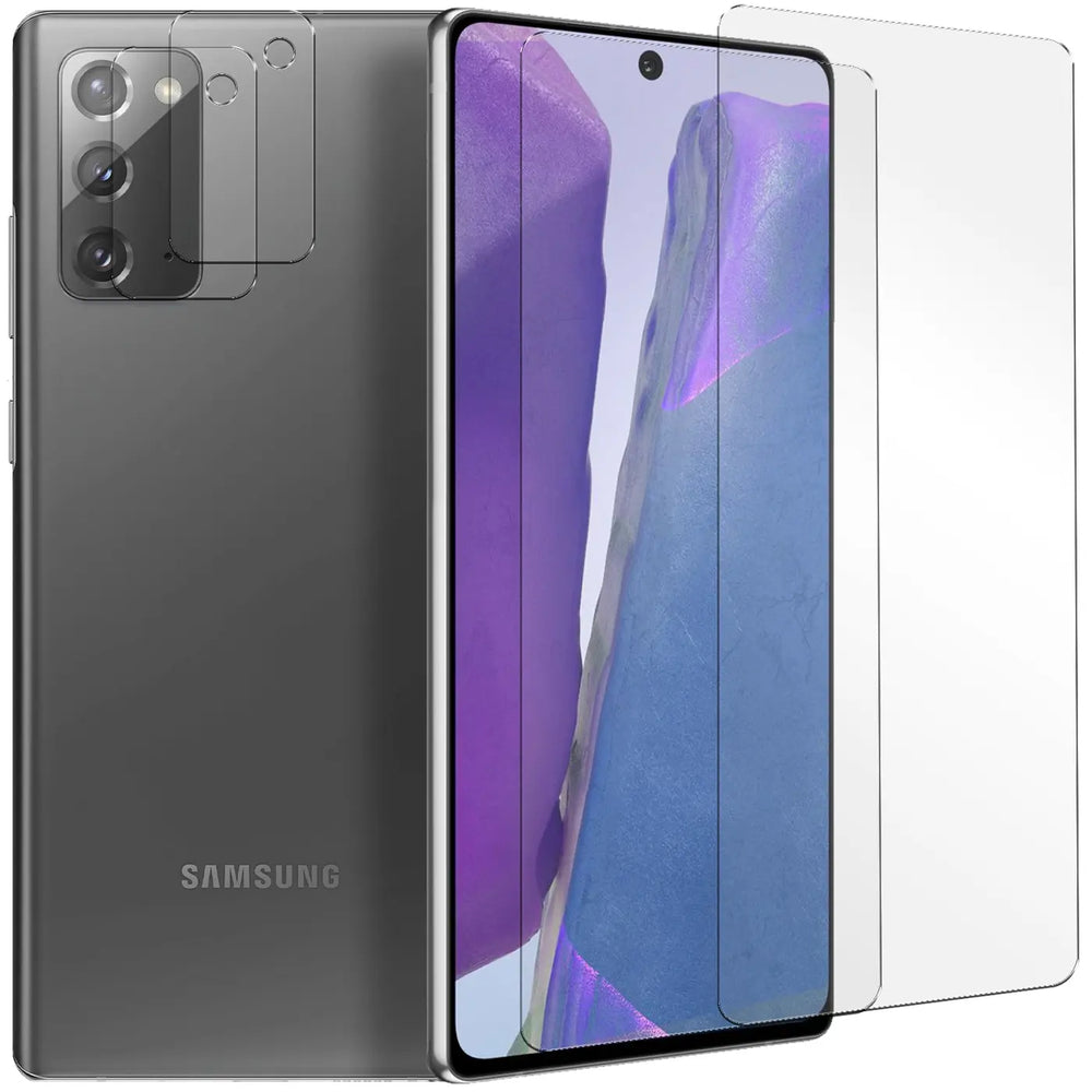 Graues Samsung Galaxy Note 20 von hinten und schräg vorne. Zwei Schutzgläser für Display und Kamera liegen daneben.