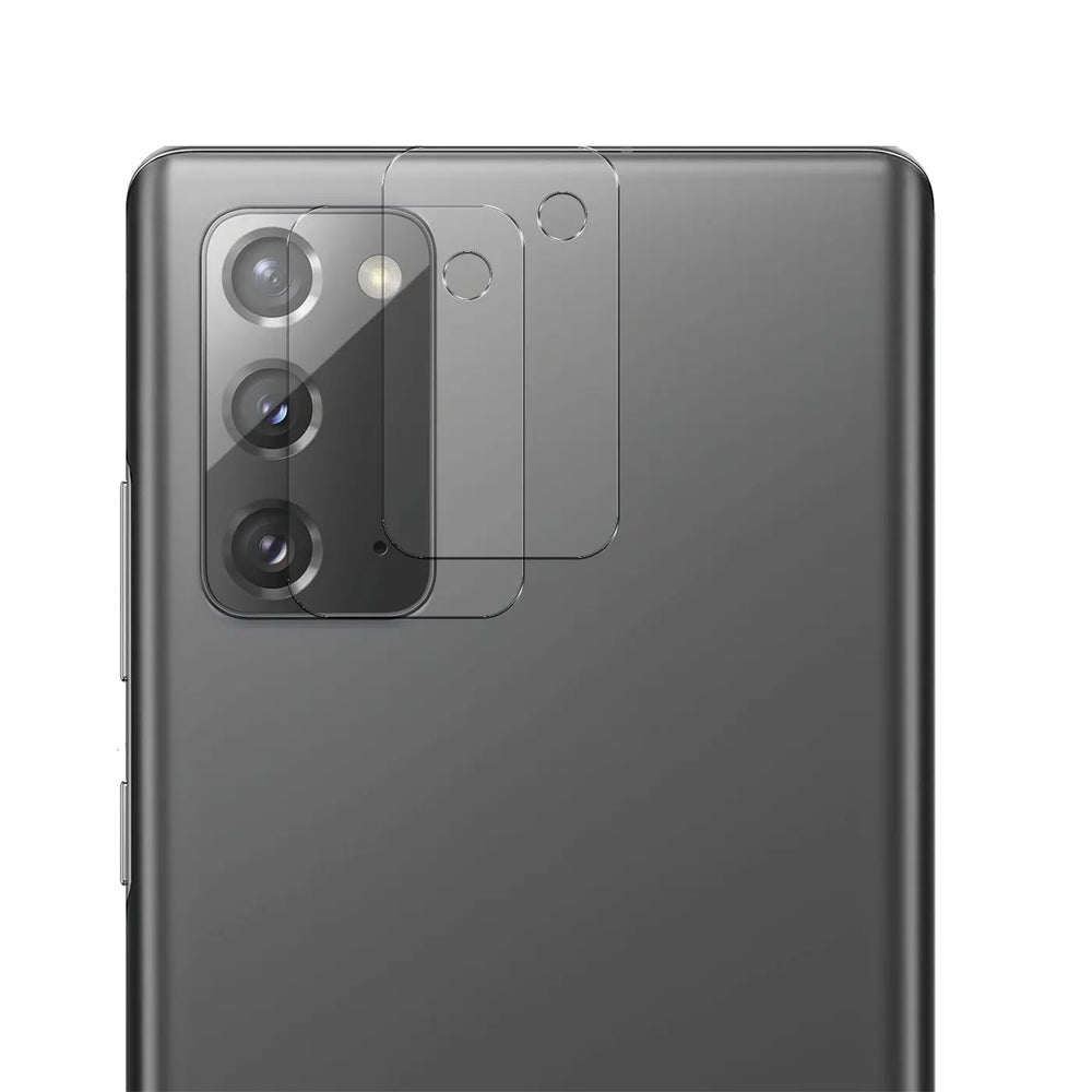 Rückseite eines grauen Samsung Galaxy Note 20 mit zwei transparenten Schutzgläsern für die Kamera, schräg von oben.