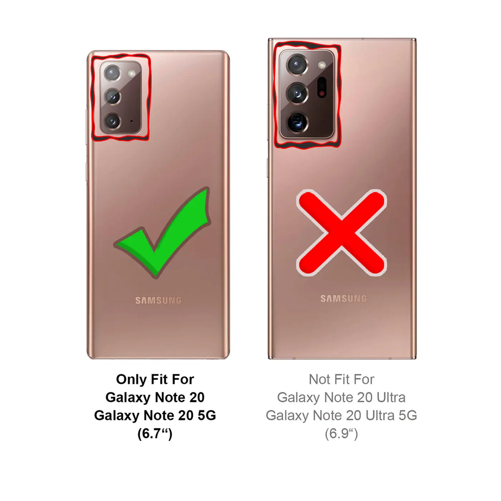 Zwei roségoldene Samsung Galaxy Note 20 Rückseiten, von hinten. Links mit Haken, rechts mit X.