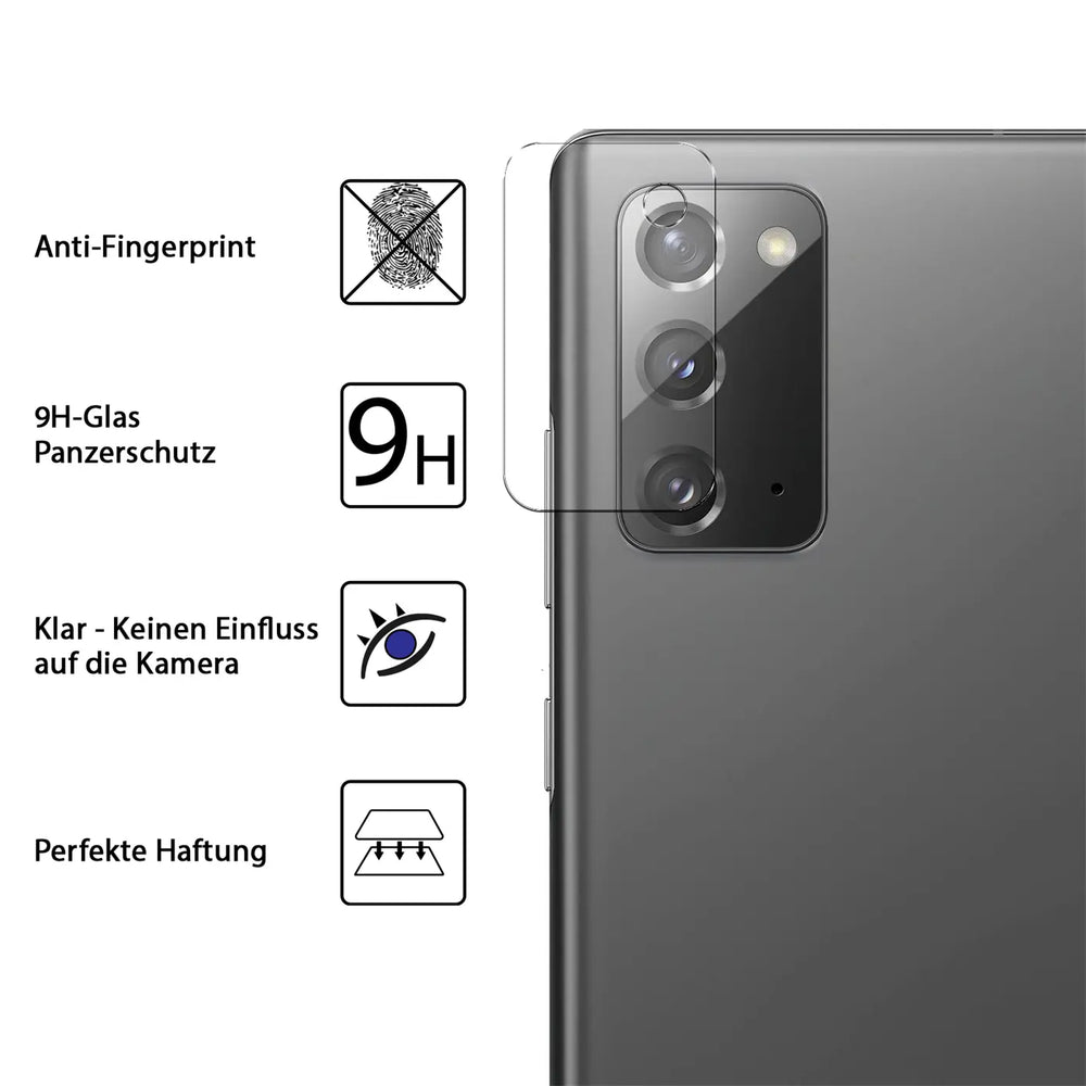 Klares Schutzglas für die Kamera des Samsung Galaxy Note 20, von schräg hinten rechts, mit Feature-Icons links.