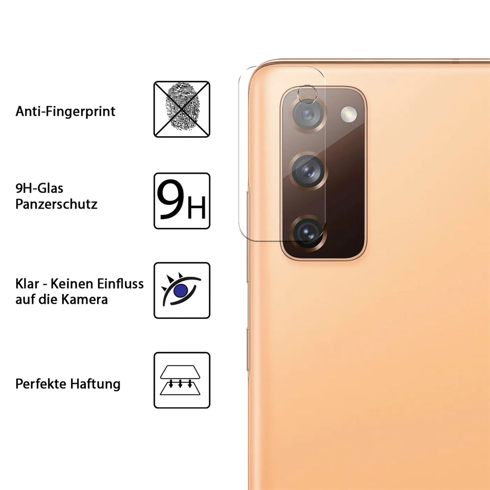 Rückseite eines beigen Samsung Galaxy S20 FE mit transparentem Kameraschutzglas und vier Produktmerkmal-Icons.