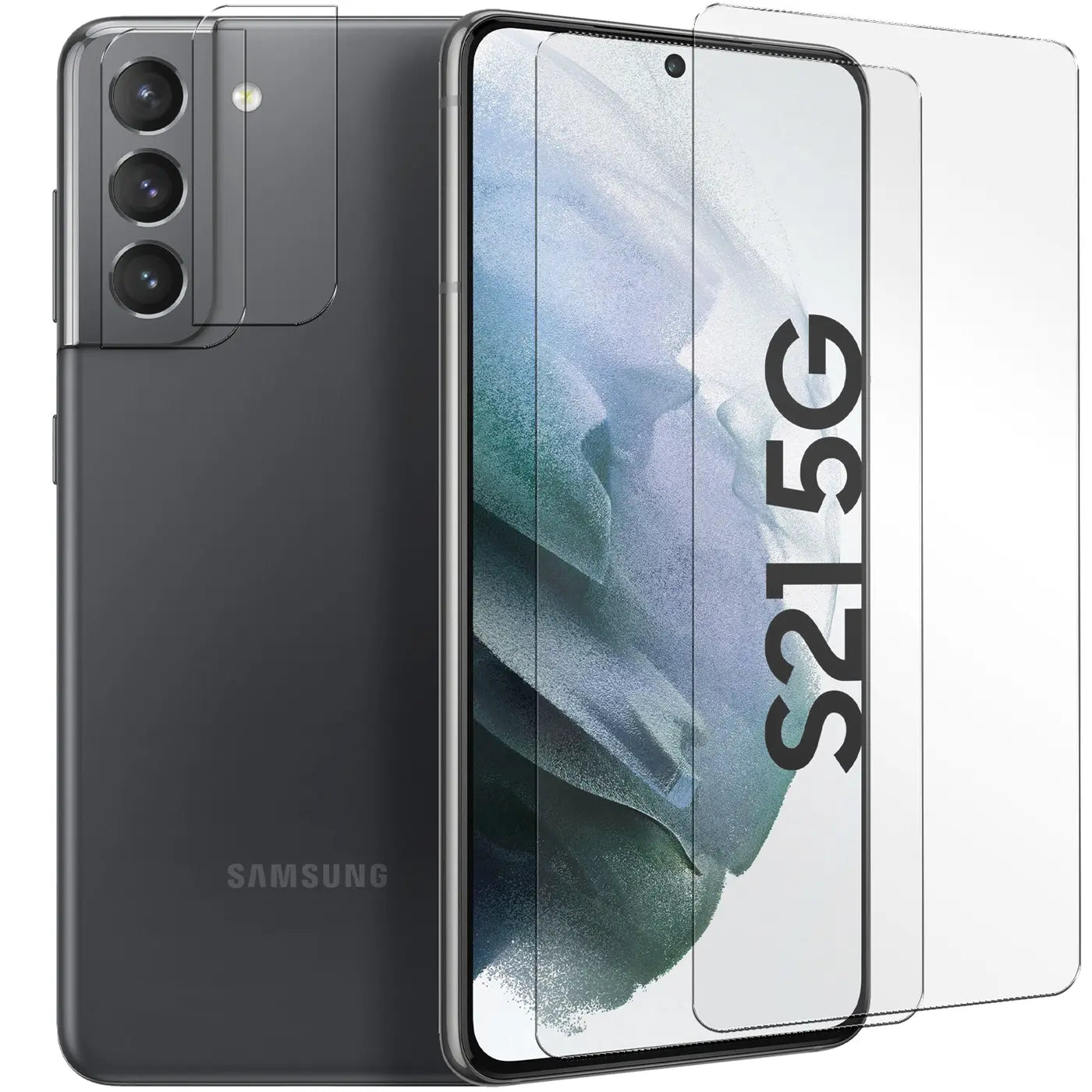 Graues Samsung Galaxy S21 5G von hinten und schräg von vorne mit 4 transparenten Schutzgläsern aus der Vogelperspektive.