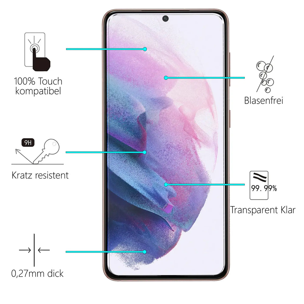 Frontansicht eines Samsung Galaxy S21 FE mit Schutzglas. Türkise Linien zeigen auf Text und Symbole zu Eigenschaften.