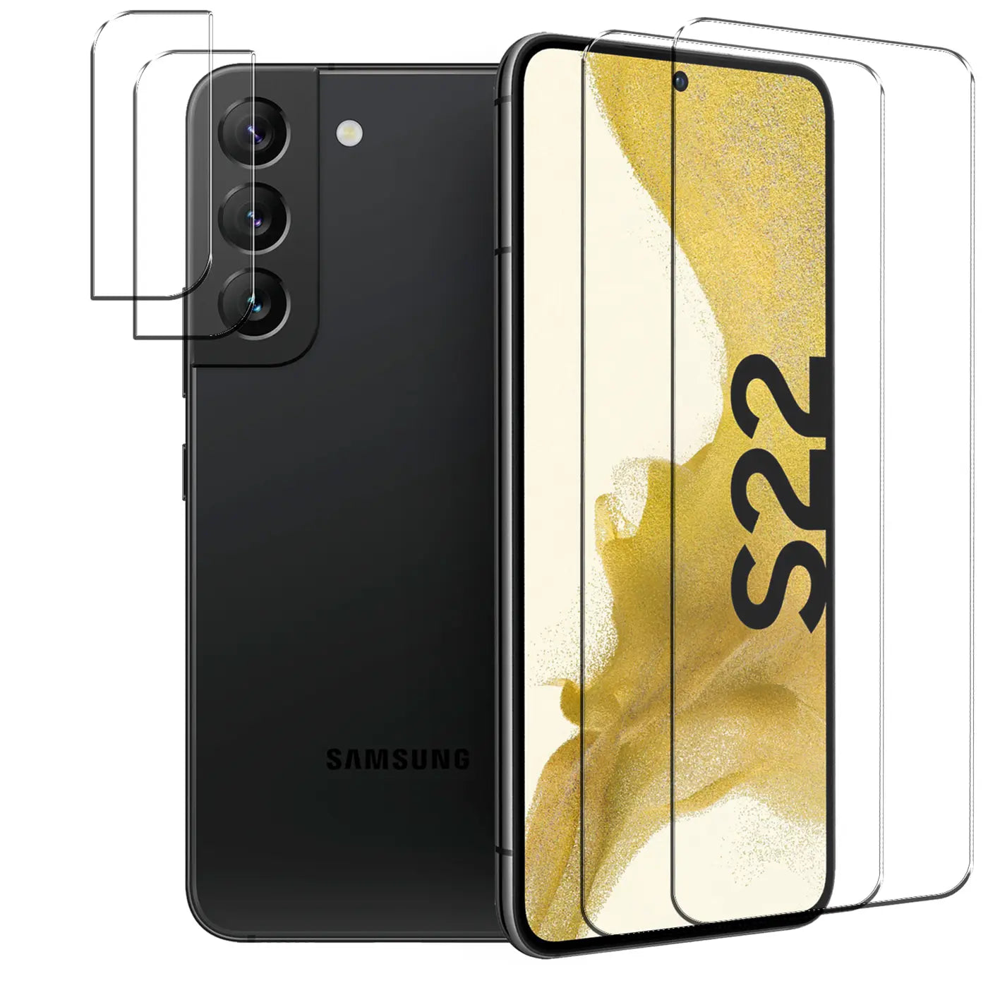 Schwarzes Samsung Galaxy S22 von hinten und vorne, umgeben von 2 klaren Schutzgläsern für Display und 2 für Kamera.