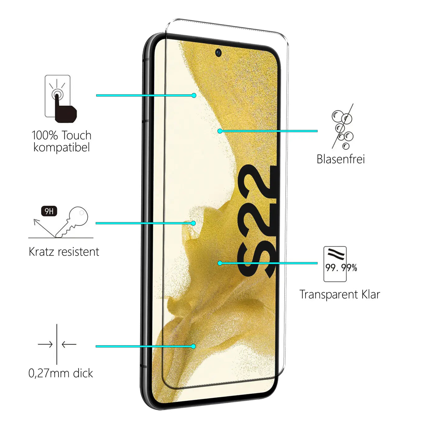 Schwarzes Samsung Galaxy S22 Smartphone mit transparentem Schutzglas, leicht schräg von vorne rechts.
