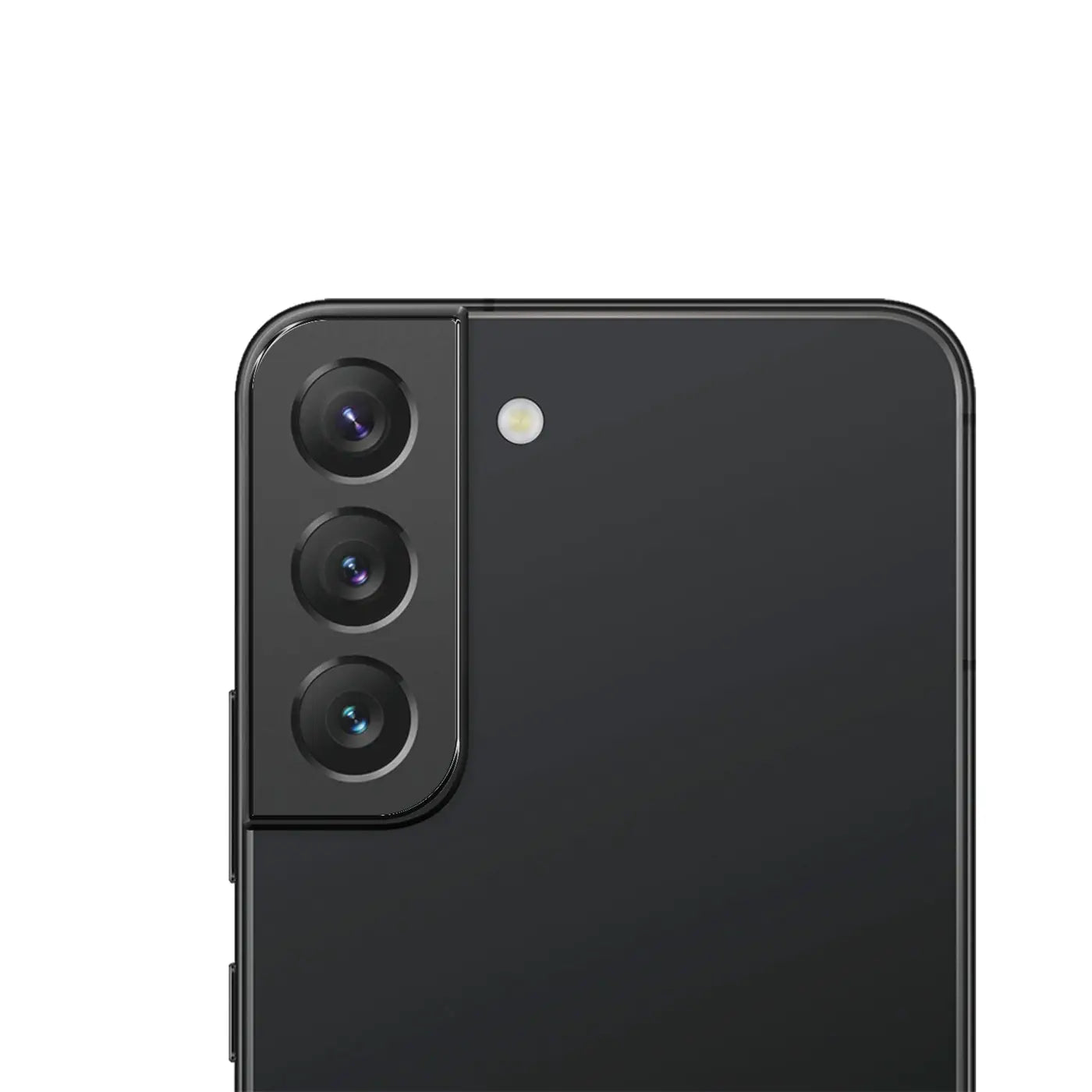 Rückseite eines schwarzen Samsung Galaxy S22 von oben links, mit drei Kameras und Blitz.