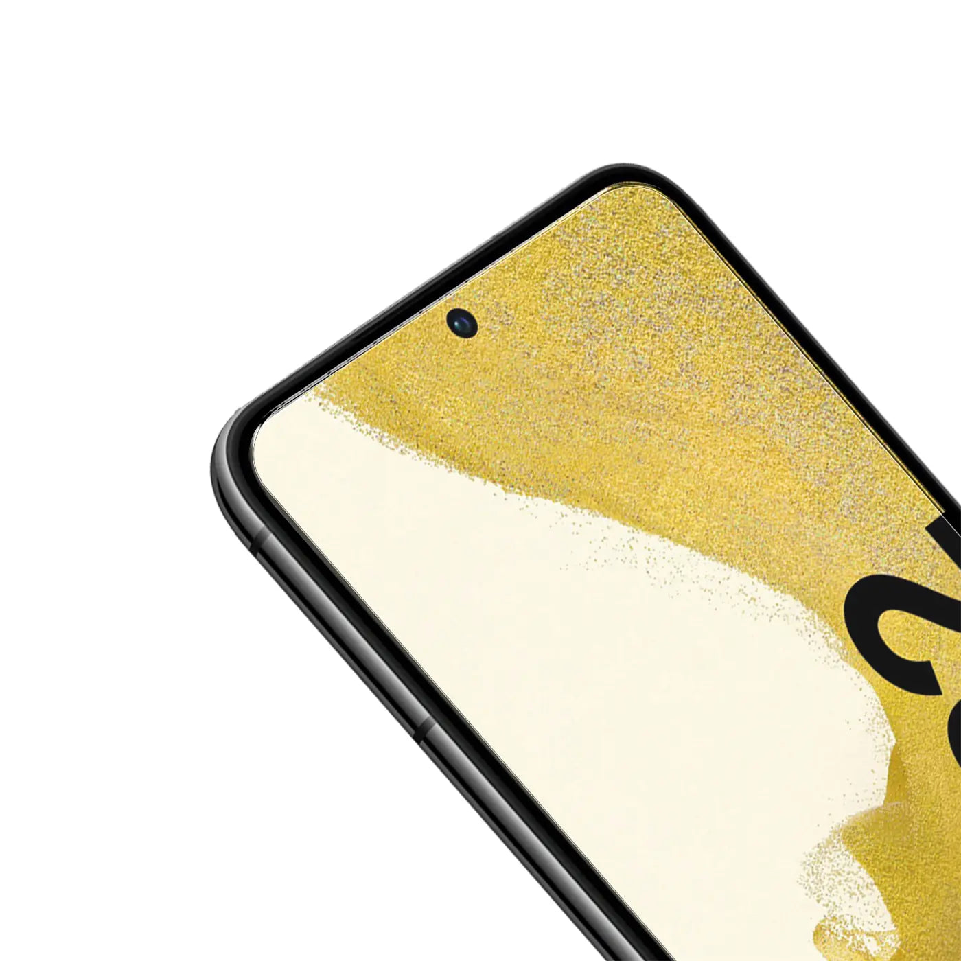 Nahaufnahme eines schwarzen Samsung Galaxy S22 mit goldenem Display, von oben rechts schräg nach unten links.
