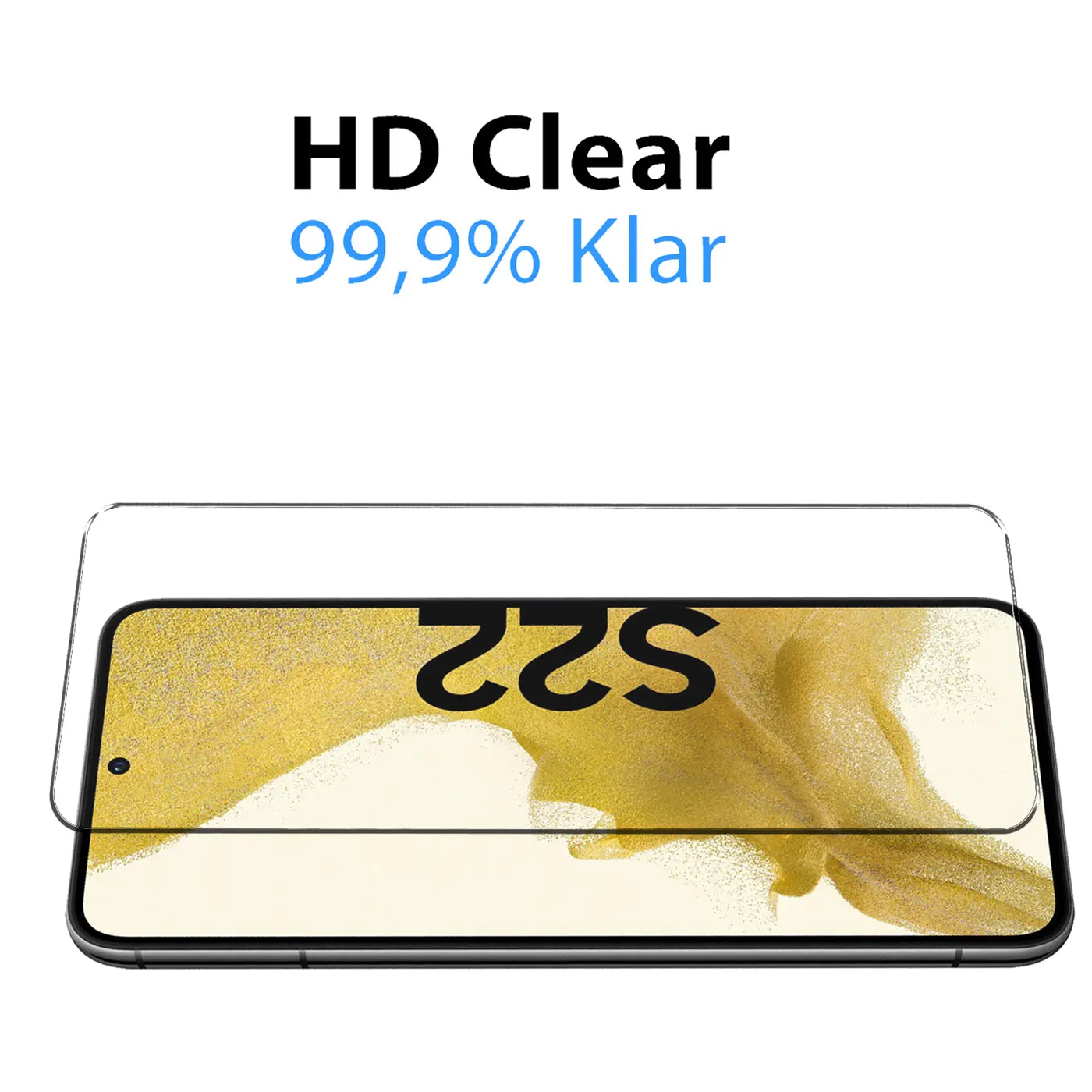 Klares Schutzglas aus gehärtetem Glas, schwebend über einem schwarzen Samsung Galaxy S22 mit goldener Display-Anzeige.