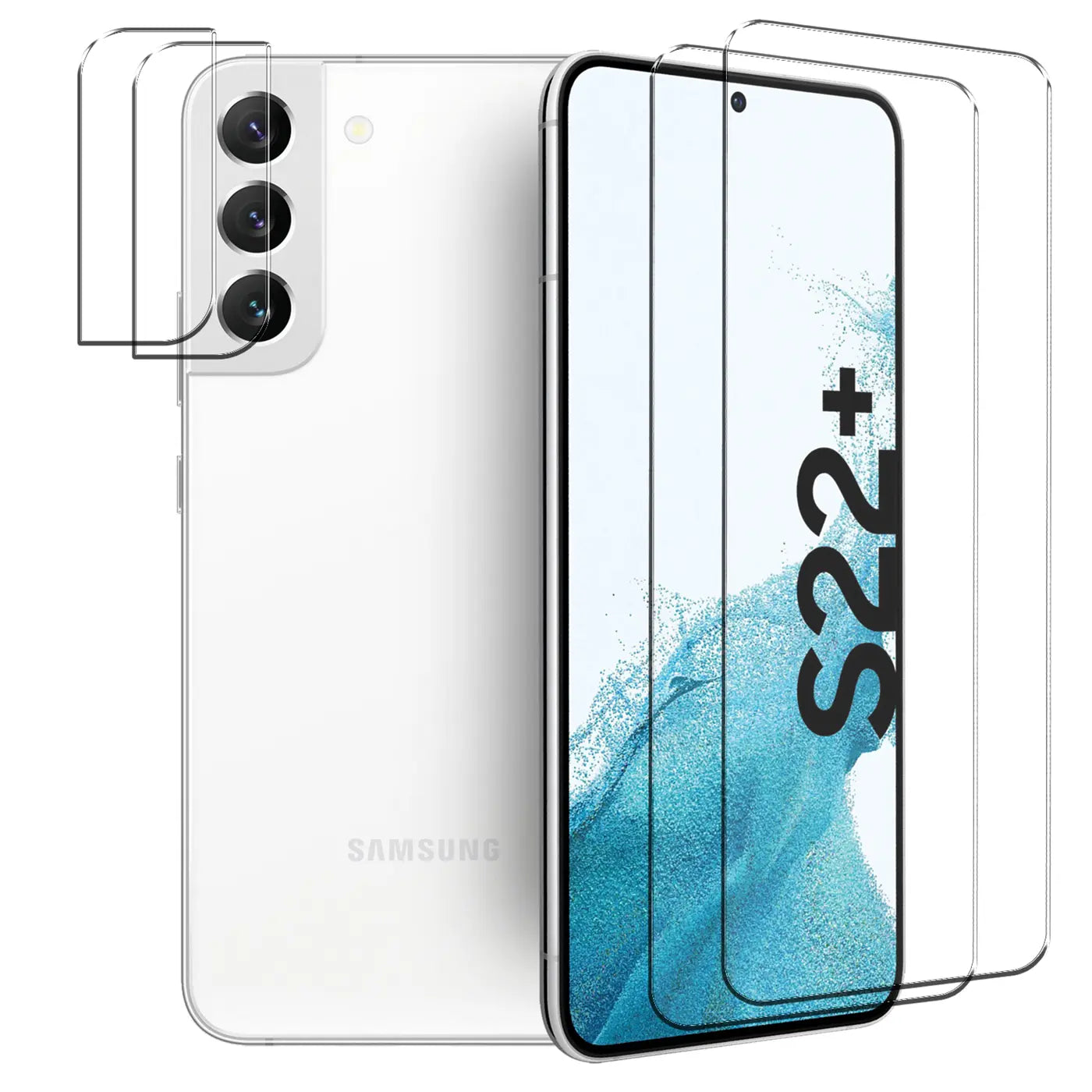 Weißes Samsung Galaxy S22 Plus von hinten und vorne mit 2 Displayschutzgläsern und 2 Kameraschutzgläsern.