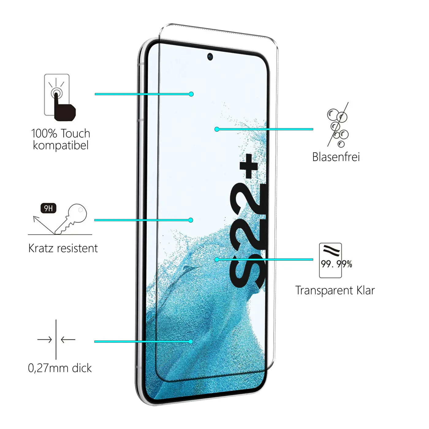 Transparentes Schutzglas für Samsung Galaxy S22 Plus, schräg von vorne, mit Feature-Beschreibungen.