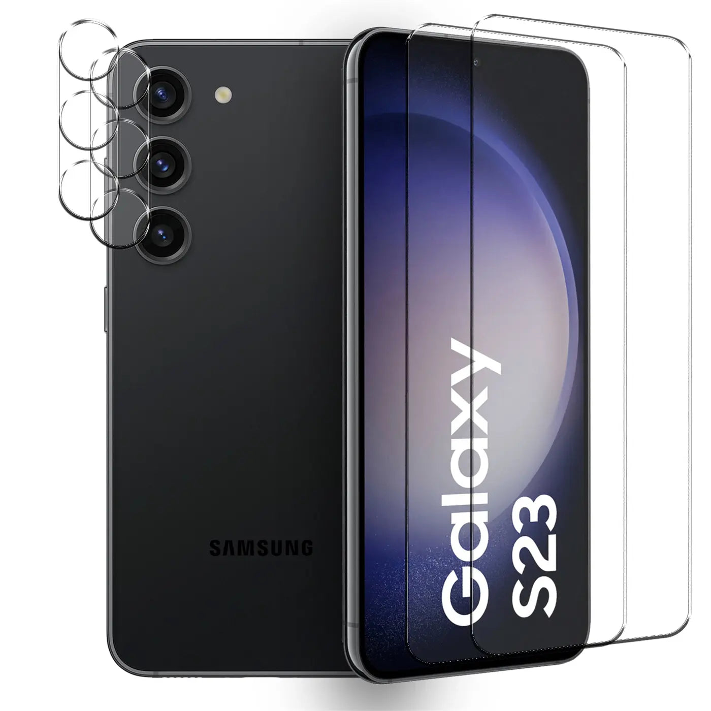 Schwarzes Samsung Galaxy S23 von hinten und vorne, mit 3 runden Kameraschutzgläsern und 2 Displayschutzgläsern.