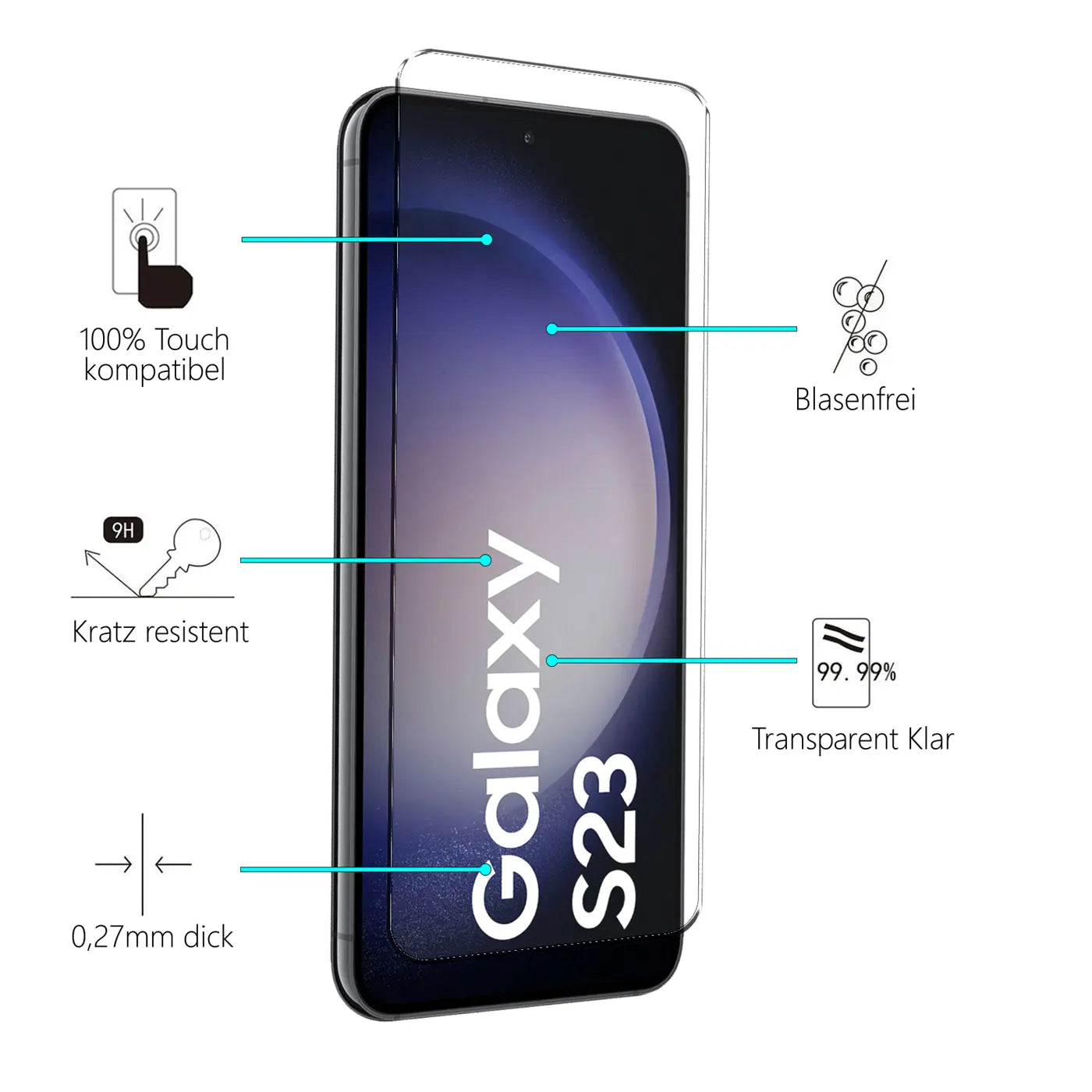Transparentes Schutzglas für Samsung Galaxy S23, schräg von vorne, mit Eigenschaften wie kratzresistent und blasenfrei.