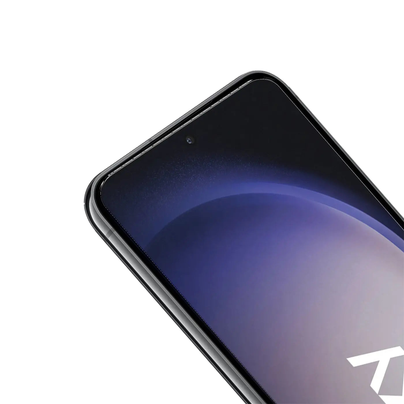 Nahaufnahme des oberen Bereichs eines schwarzen Samsung Galaxy S23 mit Schutzglas, leicht schräg von oben.