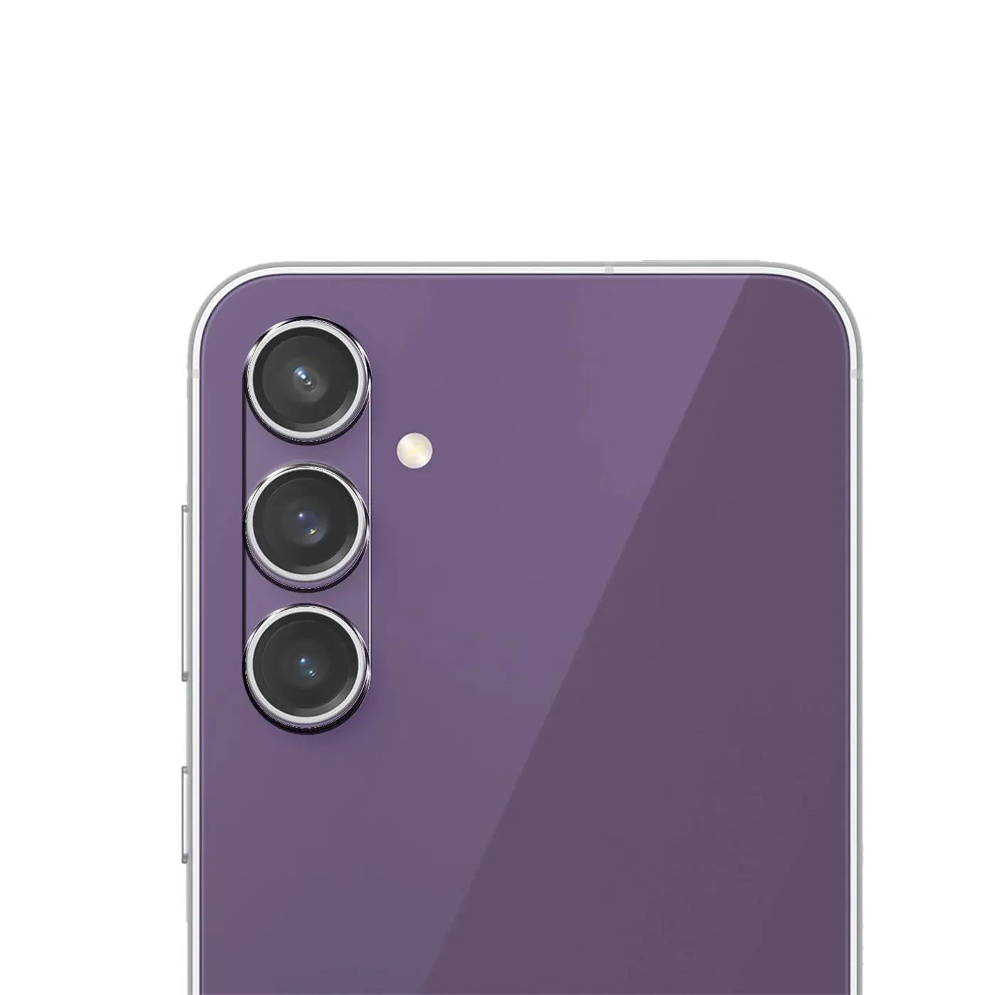 Rückseite eines violetten Samsung Galaxy S23 FE Smartphones mit drei vertikal angeordneten Kameras und Blitz.