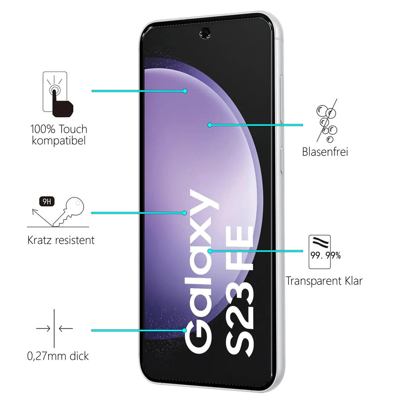 Samsung Galaxy S23 FE in Weiß, schräg von vorne, mit Schutzglas und Eigenschaften wie kratzresistent und blasenfrei.