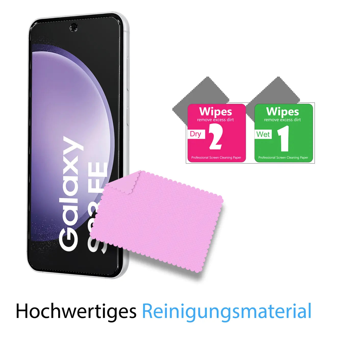 Silbernes Samsung Galaxy S23 FE von vorne, daneben rosa Mikrofasertuch und zwei Wipes (Wet/Dry) auf weißem Grund.