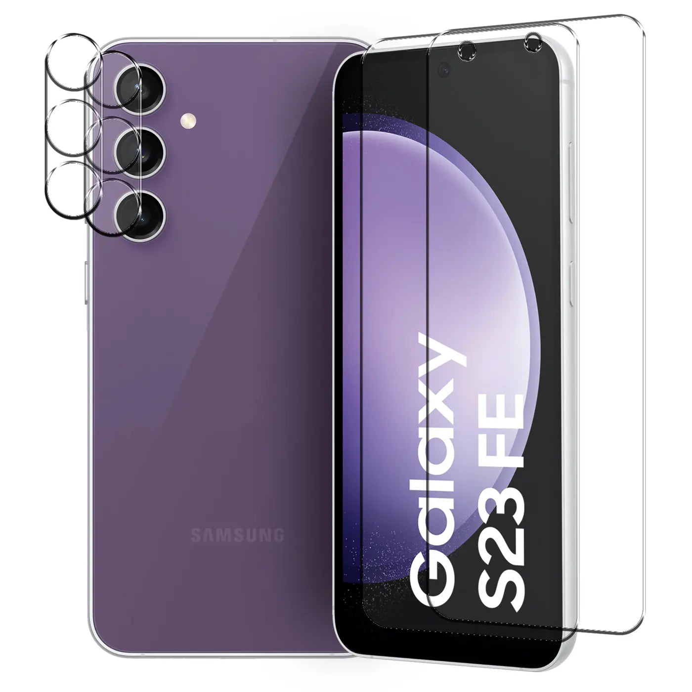 Lila Samsung Galaxy S23 FE mit 2 Schutzgläsern für Display und 3 Linsen. Frontalansicht des Handys.