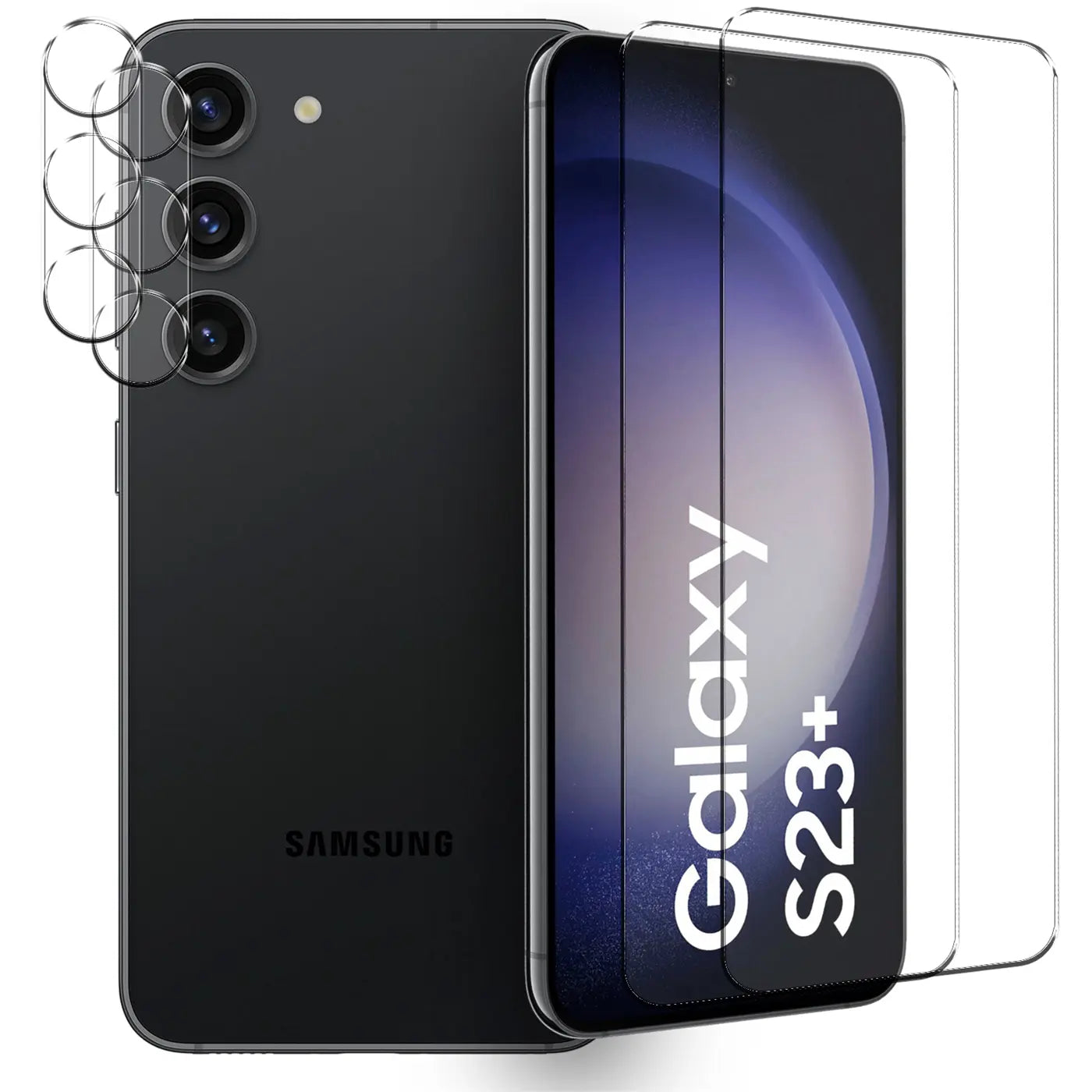 Schwarzes Samsung Galaxy S23 Plus von hinten und schräg vorne mit 3 runden Kameraschutzgläsern und 2 Displayschutzfolien.