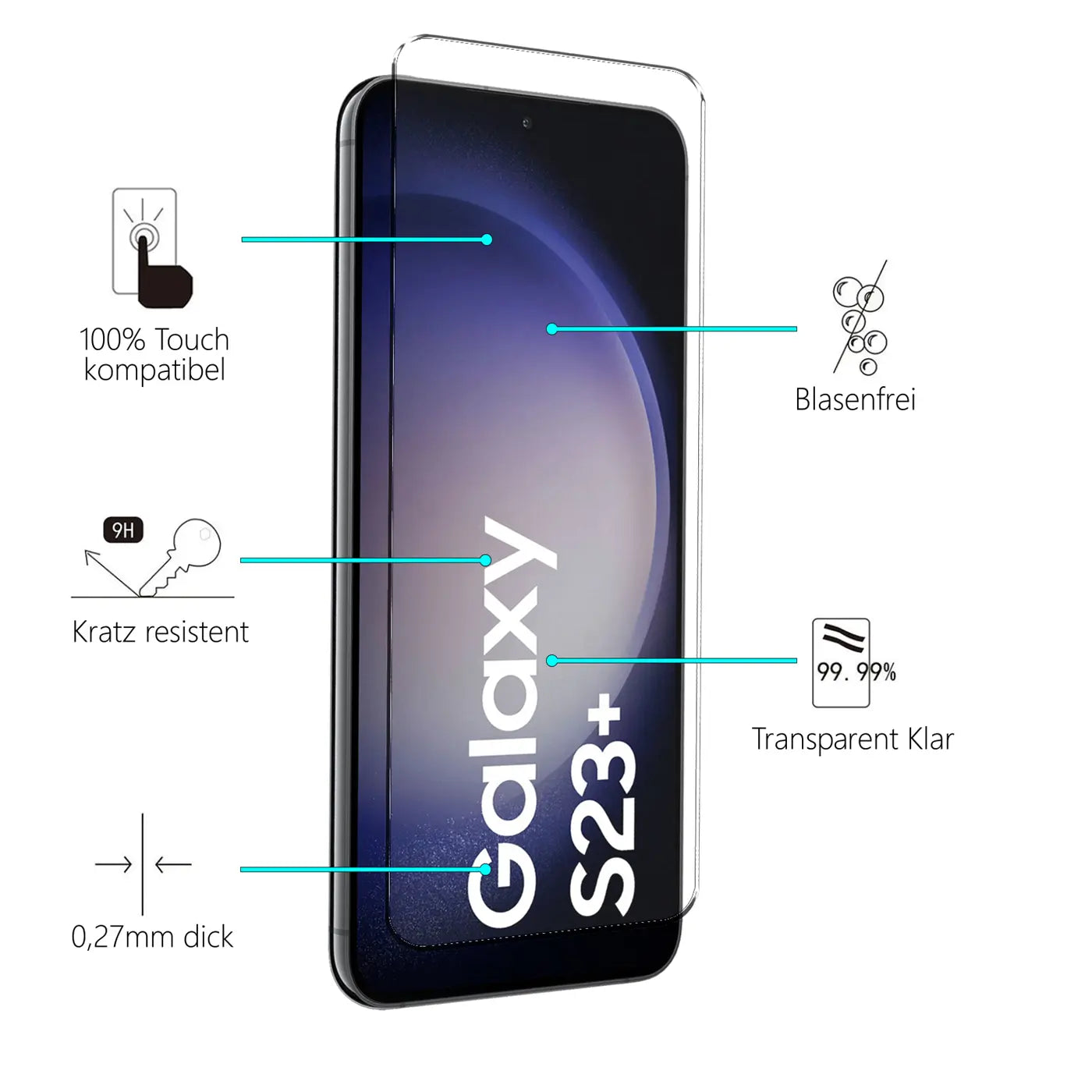 Transparentes Schutzglas auf einem schwarzen Samsung Galaxy S23 Plus, schräg von vorne.