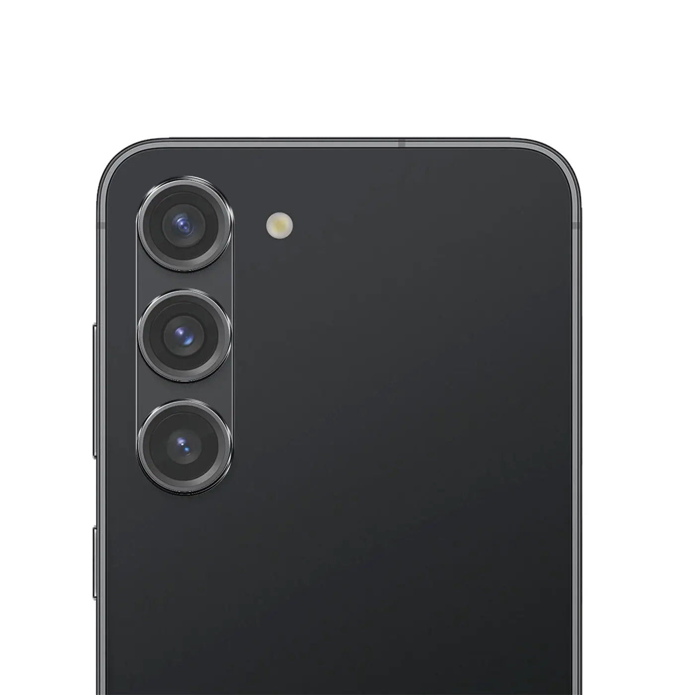 Rückseite eines schwarzen Samsung Galaxy S23 Plus Smartphones mit drei vertikal angeordneten Kameralinsen und Blitz.