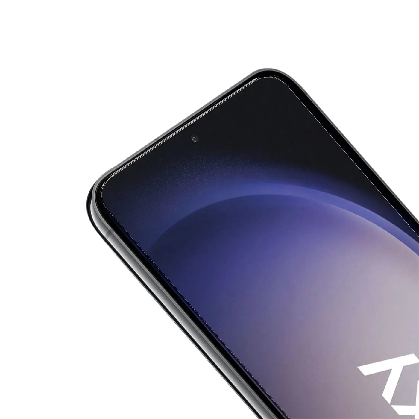 Schutzglas auf schwarzem Samsung Galaxy S23 Plus Display, obere linke Ecke, frontal von oben.