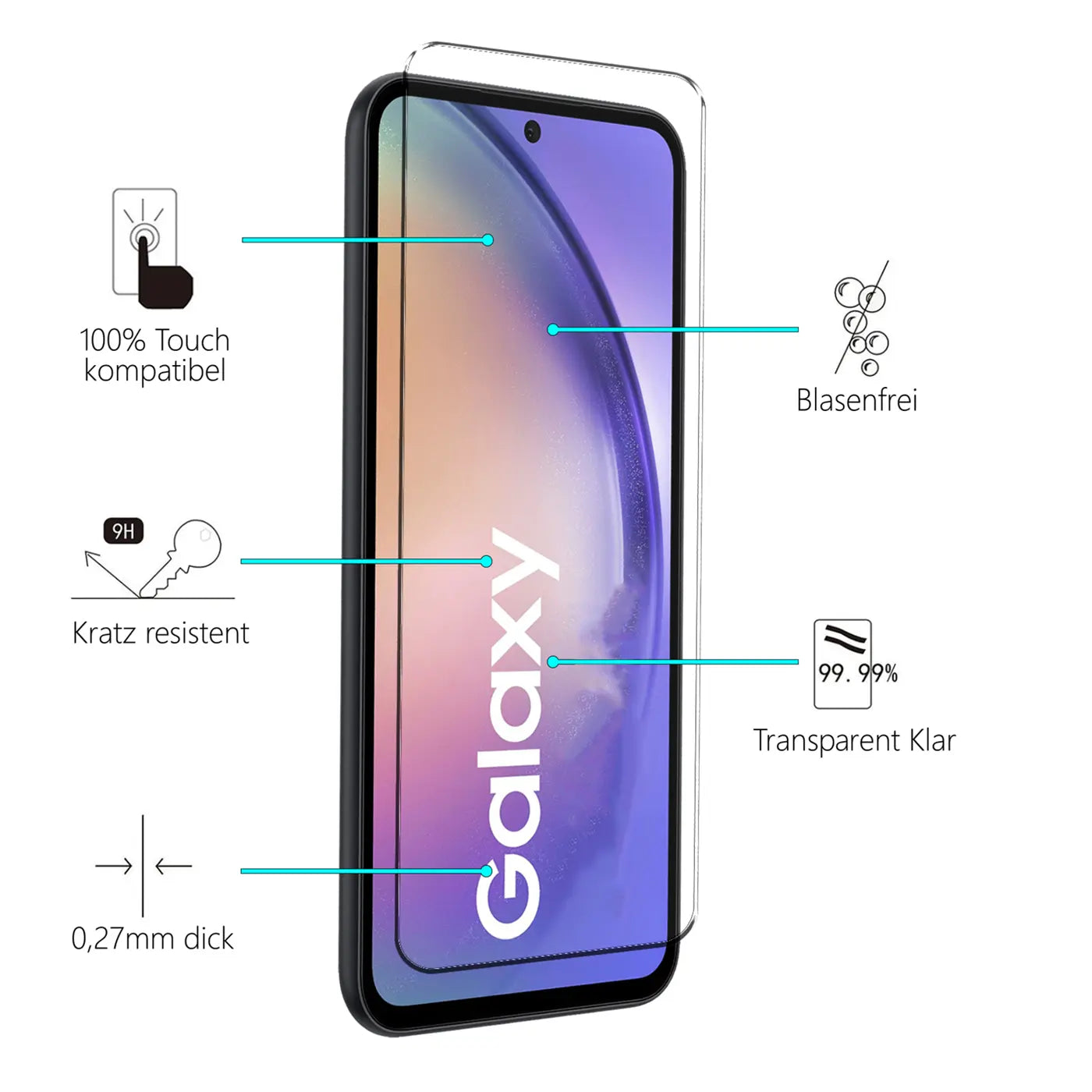 Transparentes Schutzglas auf einem schwarzen Samsung Galaxy S24, schräg von vorne, mit Eigenschaften wie "Kratz resistent".