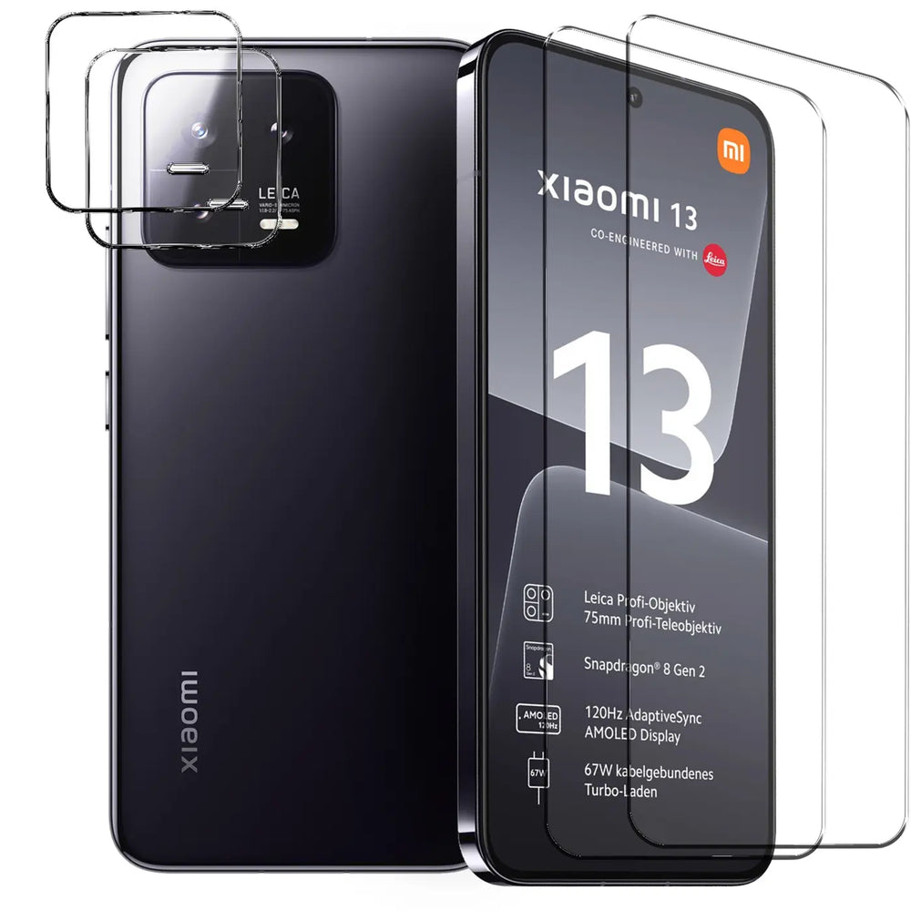4in1 9H Displayschutz-Set für Xiaomi 13, 2x Displayglas und 2x Kameraglas