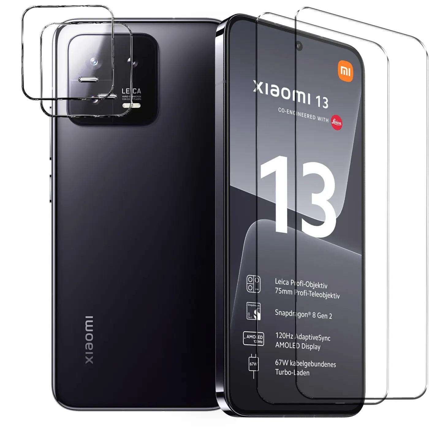 Schwarzes Xiaomi 13 Smartphone von hinten und schräg vorne mit 2 transparenten Schutzgläsern für Display und 2 für Kamera.