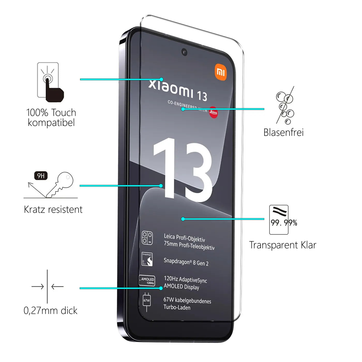 Transparentes Schutzglas auf schwarzem Xiaomi 13 Smartphone, schräg von vorne. Eigenschaften sind mit Pfeilen markiert.
